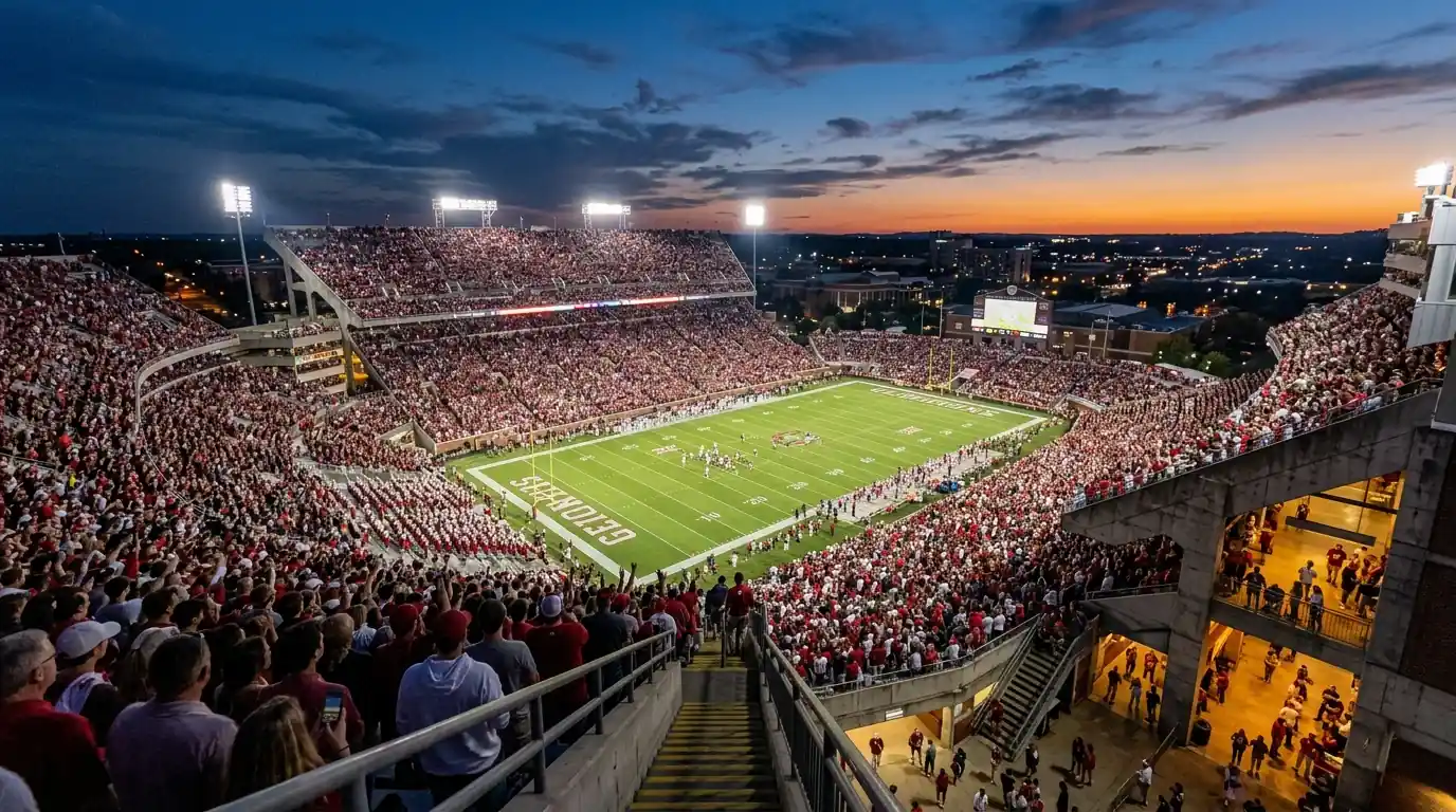 Estadio de fútbol americano universitario lleno de aficionados durante un partido nocturno de la NCAA