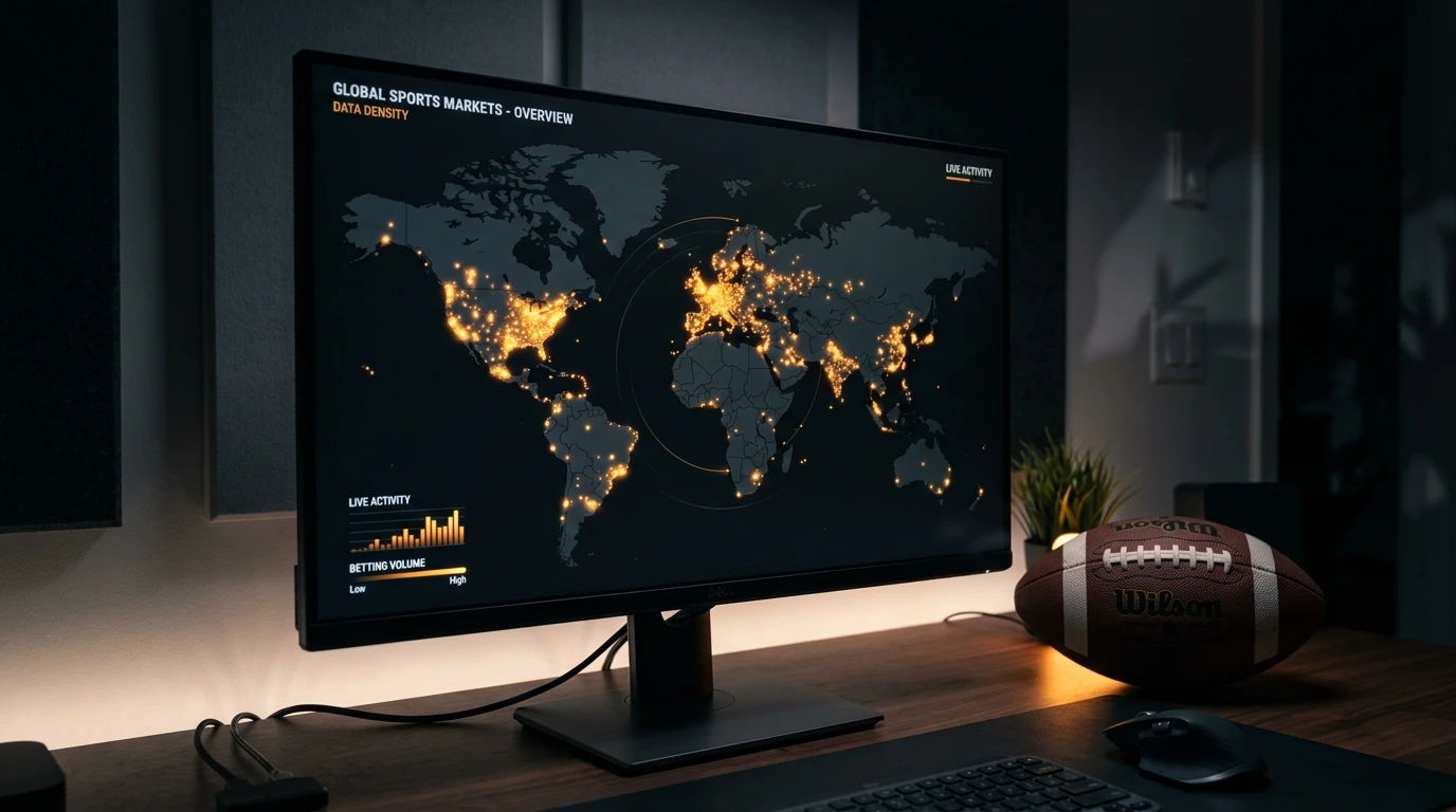 Mapa mundial iluminado con indicadores de mercados de apuestas deportivas y un balón de fútbol americano en primer plano