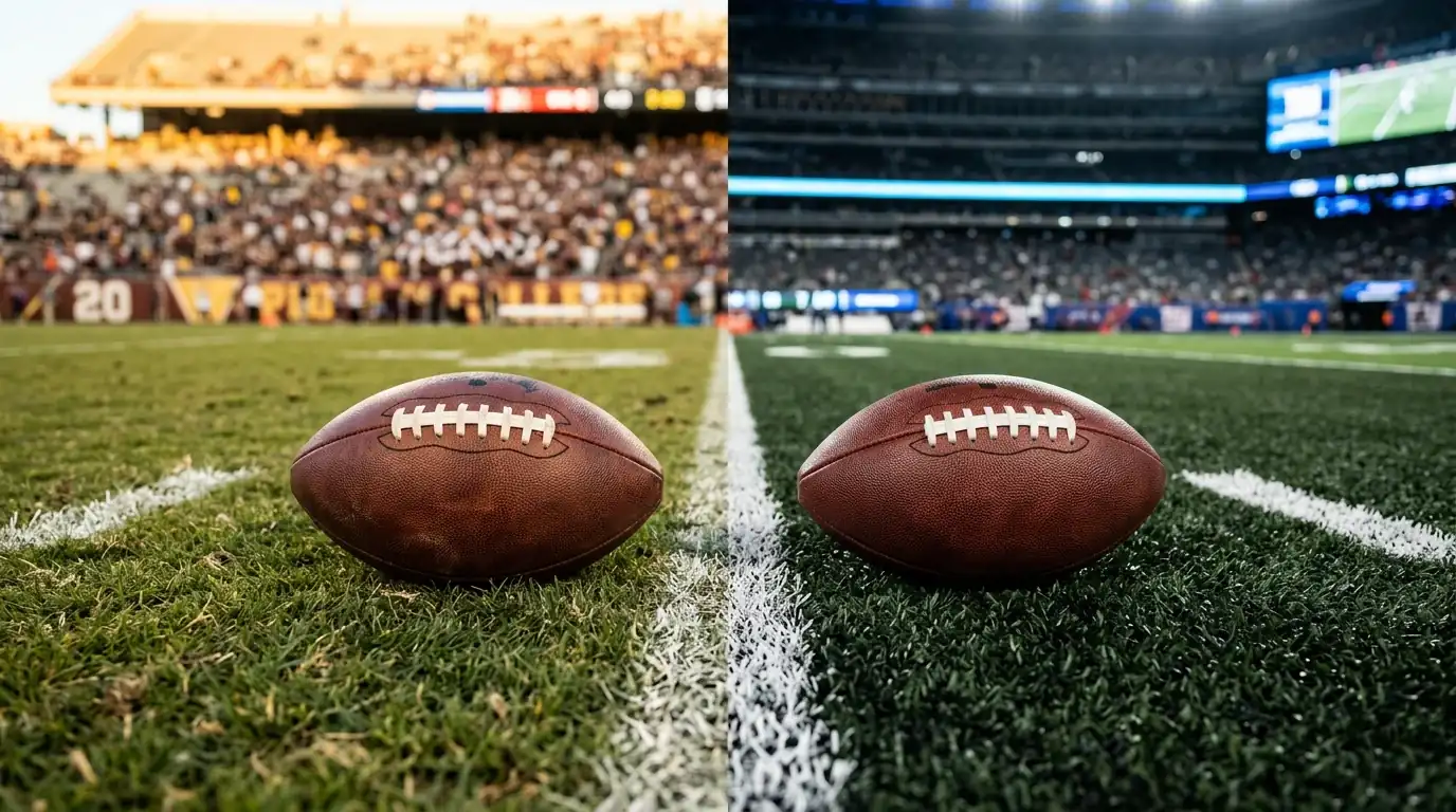 Balón de fútbol americano sobre césped con equipamiento universitario NCAA al fondo