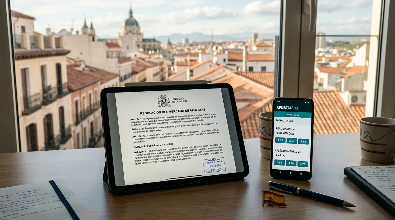 Documento oficial sobre regulación de apuestas deportivas en España junto a un dispositivo móvil mostrando cuotas